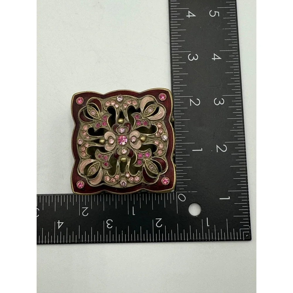 Vintage Style Filigree Trinket Box Burgundy‎ Enamel Pink Rhinestone Jewelry Case